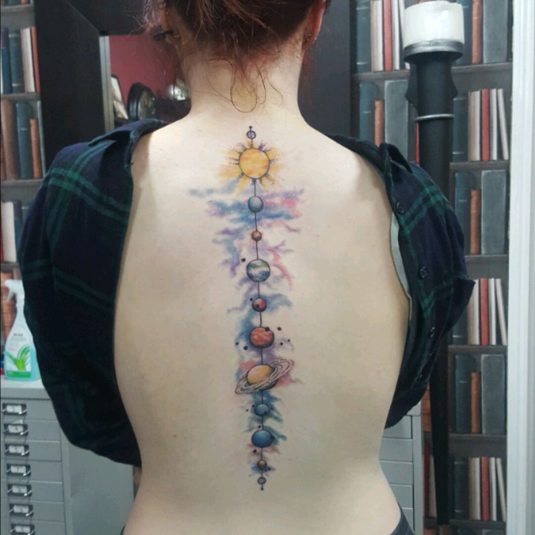 Solar system tattoo on spine  Tattoo contest  99designs
