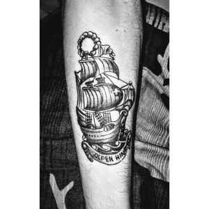 Golden hind ship, done by Matt from quest for coverage swansea. Inspiration from my golden hind brass bar blade.