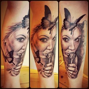 *New made on photo* Pin up added to leg sleeve #legsleeve #sleeve #inprogress #tattoo #realism #blackandgrey #pinup #madonna #piercing #butterfly #lollipop #woman #portrait #sexy #grucz_art #allink #denmark