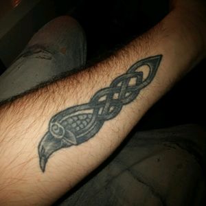 Left Forearm, about 5 inches long, raven/celtic design. If I remember the name of the artist I will edit.#raven #raventattoo #raventattoos #blackwork #blackandgrey #blackandgreytattoo #celtic #celtictattoo