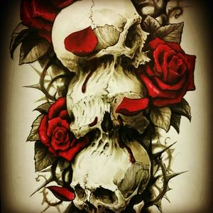 Amazing! I like everything about this piece. The realistic style skulls, the roses are gorgeous ❤ Very well put together. This would look stunning as a back piece.