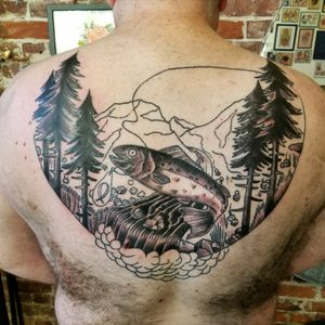Second sitting, this one was three hours and included details and shading to the trees and fish. One sitting left to go!