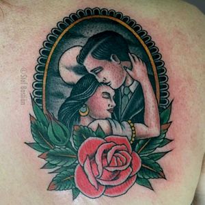 Loving couple by Stef Bastiàn For info or bookings pls contact us at art@royaltattoo.com or call us at +45 49202770 #royal #royaltattoo #royaltattoodk #royalink #rose #tattoolovers #moon #victorianframe #night #cuddle #passion
