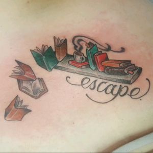 My sixth tattoo. I got this in January of 2017 by Derek Lyne at Iron Brush in Lincoln, NE. My friend did the initial sketches and then Derek changed it into the perfect tattoo. #book #escape #coffee #mug #bookshelf #ironbrush