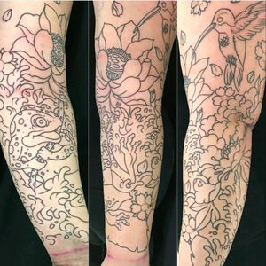 Just started this yesterday. Amazing work done by Casey at Strangeworld Tattoo in Calgary. #beautifultattoo #inkedcanadian  #yycink #yyctattoo #canadianink #calgarytattoo #calgarytattoos #girlswithtattoos #girlswithink #Japanesestyle #fullsleevetattoo #hummingbirdtattoo #frogtattoo #lotusflower  #iloveit #ilovemytattoos #inkaddict #iwantmore #tattoosareawesome #tattoolife #tattoosoverfood