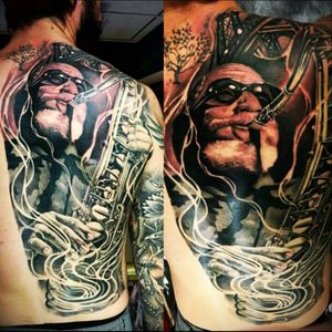 Tattoo artist: Lucky gold (Argentina) Studio: Experience tattoo Photography: Saxophone Jazz Musician Sonny Rollins Back: me (Maxi Alvarez) Hours: 18 Sessions: 4 Category: Realism