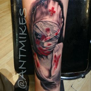 I love this dead #nurse tattoo by #AnthonyMichaels #blackandgrey #horror