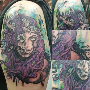 I had great fun with this one. Even though it took me 9 hours in one sitting. My client was a rock! (I've only been doing this 2 months so not good at judging how long certain styles take yet! This was a day sitting...it ran over a tad! Hahaa!) #tattooapprentice #apprentice #apprenticetattooer #ladyhead #ladyheadtattoo #watercolourtattoo #watercolor