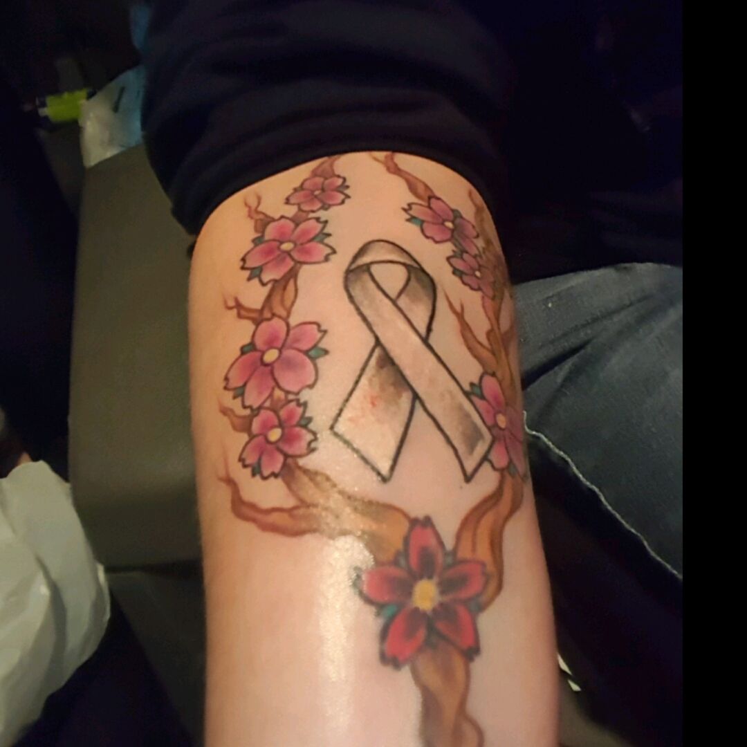 Tattoo uploaded by Laura • Cherry blossoms with a white lung cancer ribbon  • Tattoodo