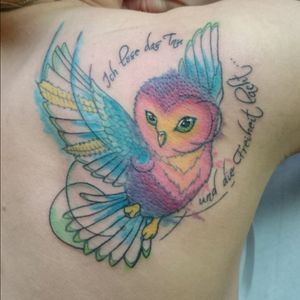 #watercolor #owl #fly #bird #worldfamousink #shoulder #blue #pink