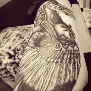 I got this tattoo to start my leg sleeve. It was done by William Hughes at victorious Tattoo Studio in Glasgow. It's an image inspired by David garcia with a native Indian headdress added. Hard to get a good picture as it goes round my leg. Love it so far. #realism #realistic #blackandgrey #nativeamerican #victorioustattoo #glasgowtattoo #thightattoo #legsleeve #girlswithtattoos #inkedgirls