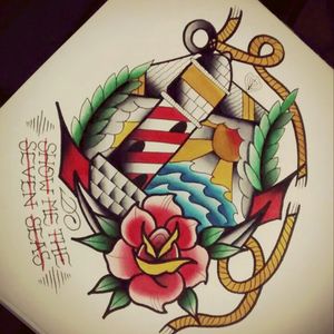 Traditional tattoo flash lighthouse anchor rose