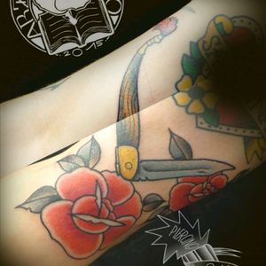 Done at LOVE GUN TATTOO, Marseille, France. @ARZON_Tony #oldschool #neotraditional #knife #rose #tattootraveler