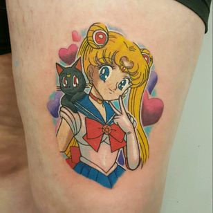 #SailorMoon #sailormoontattoo #anime #animetattoo #japanesetattoo #japaneseanime #girlswithtattoos #thightattoo #legtattoo #newschooltattoo #eyes #cat #cute #cutetattoo #geek #geektattoos #colourtattoo #worldfamousrist #chr