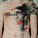 Awesome abstract chest piece!! Source unknown #abstract #raven #geometry #squares