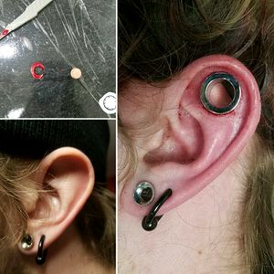 Not a tattoo but I think it's really fucking cool, and I love it, decently extreme body mod I'd say, and just a cool "piercing"  #guage #plug #piercings #freshbodyart #bodyart #painful
