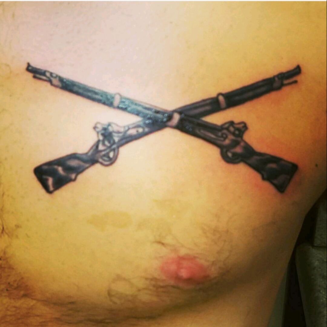 Tattoo uploaded by Tristan McQueen  Variant of the infantry crossed rifles  with a crossed spear representing the Roman god of war Mars and the  phrase SPQR or the Senate and People
