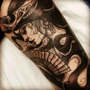 my biggest single tattoo ... from very top of thigh to over my knee ... neo traditional lady... black and grey , I love it so much ..done by my friend and artist Dan Berry