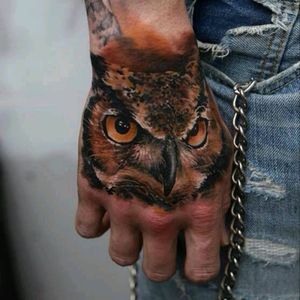 Cool owl 👿 #owl #handtattoo #ArtistUnknown