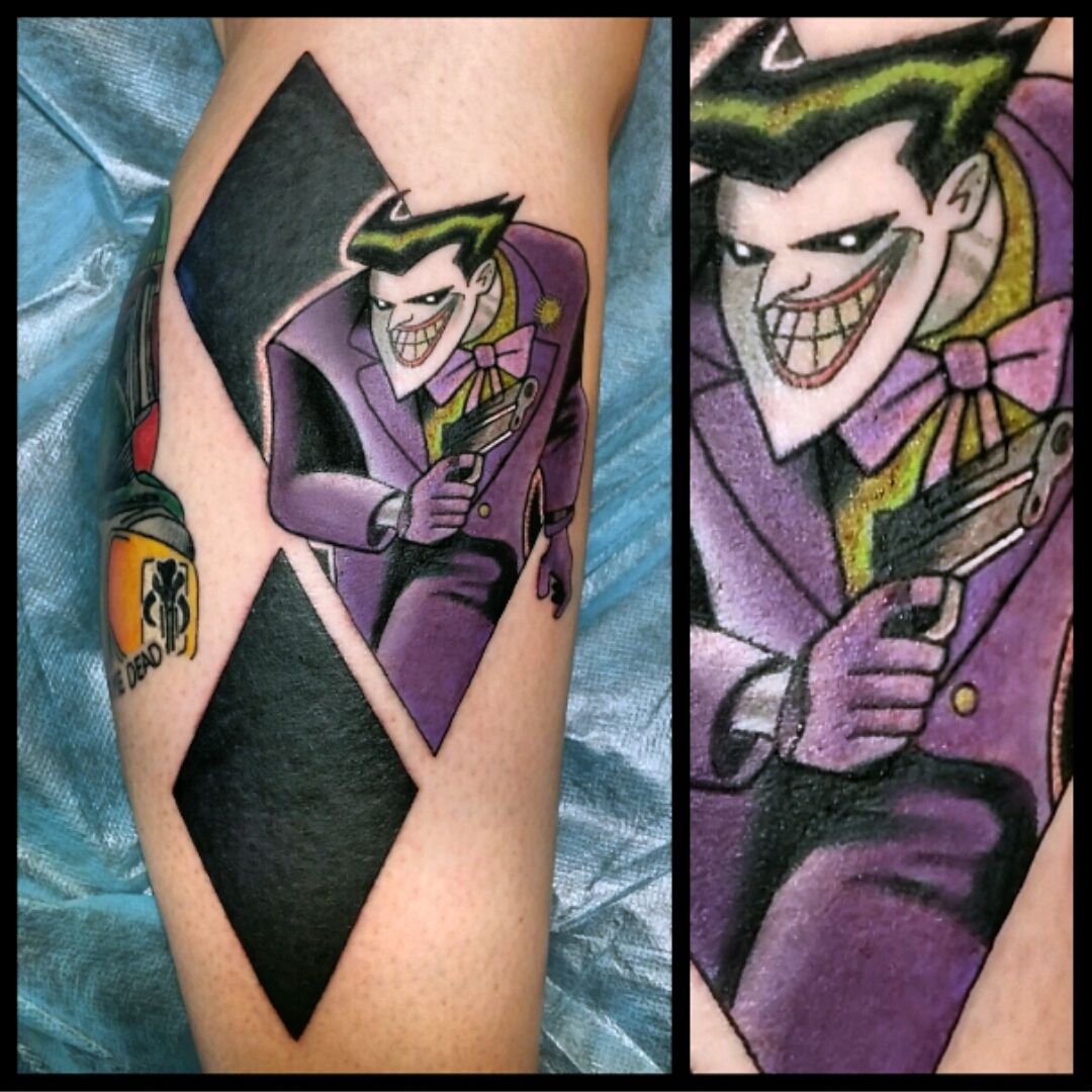 My Joker from Batman the Animated Series in the 90s done by Josh Herman at  Blackwood Tattoo in Denver CO  Tattoos Joker tattoo Batman the animated  series