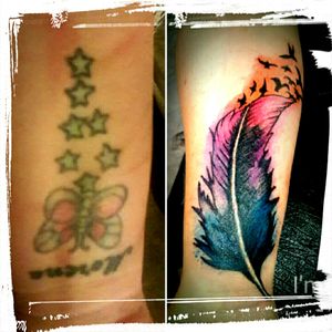 Happy for my work coverup. #coverup #cover #watercolortattoo #watercolor #feather #tattoofeather #bywaltattoo