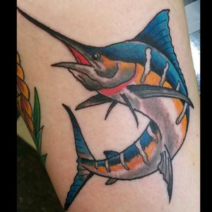 Traditional marlin tattoo done by Adam at Jersey City Tattoo. #marlin #fish #boldandbright #traditional  #JerseyCityTattoo