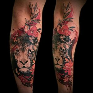 By #PhellipeRodrigues #lion #flowers #watercolor #liontattoo #watercolortattoo