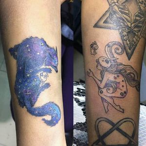 My left arm and my girlfriend's rigth arm, #CoupleTattoo #ChiairaBautista #Wolf #Bunny #Bunnygirl #Stars