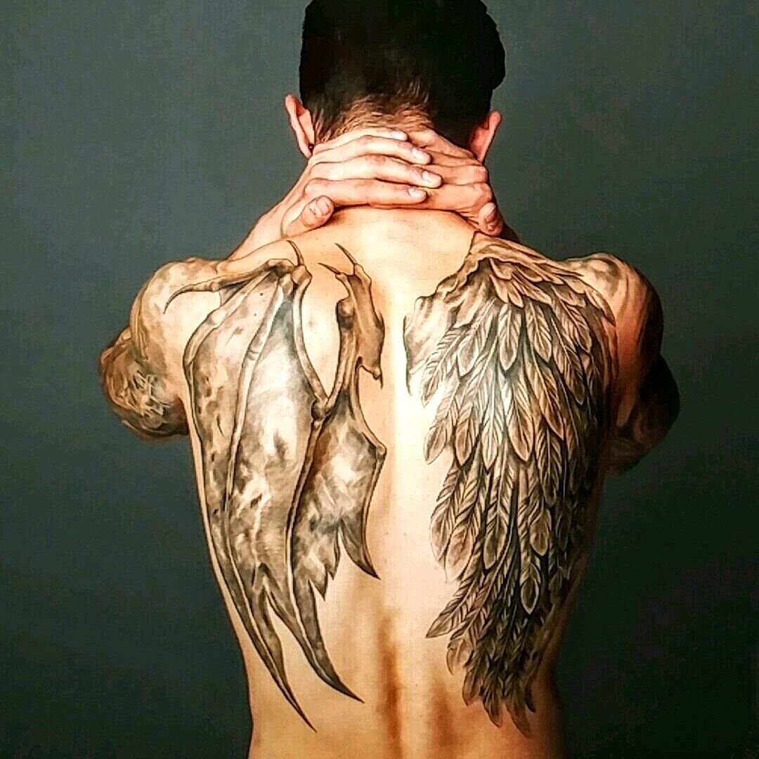 Tattoo uploaded by James DeLury • My most recent piece and definitely one  of my favorites. My back tattoo. #halfangel #halfdemon #fallenangel  #RisingDemon #tattoo #backtattoo #religous #blackandgrey #realism  #tattoomodel #model #NYC #wings •
