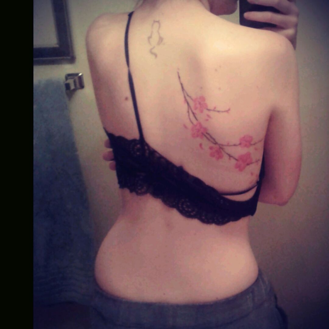 Tattoo uploaded by Tasha Soltis • First was my cat on the back of my neck,  age 16. Second was my cherry blossom cover-up, heart surgery scar, age 19.  • Tattoodo