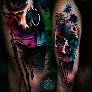Unique water color skull tattoo. Love the vibrant colors! #watercolor #skull #thightattoo
