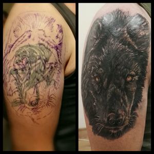 Cover up of an old panther.#blackandgray #coverup #wolftattoo