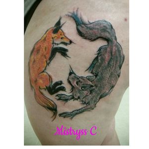 Watercolor Wolf and Fox done on the Left Thigh