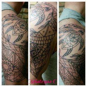 Custom Turtle Polynesian Half Sleeve on Upper Right Arm. Line work.