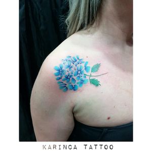 Blue Hydrangea Tattoo on the shoulderinstagram: @karincatattoo#blue #tattoo #hydrangea #flowertattoo #shouldertattoo #botanicaltattoo #minimaltattoo #colorfultattoo #dövme #tattooart #bluetattoo