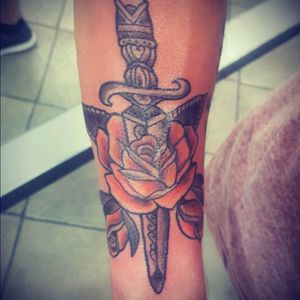 Traditional rose and dagger #roses #daggertattoo #traditional