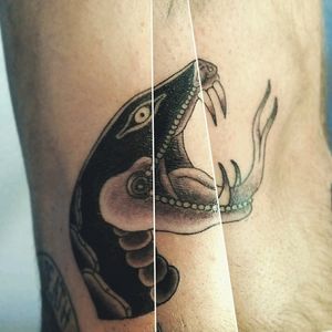 Snake tattoo I done last week, 3photo crop to have a flat view since it wraps an arm#traditional #traditionaltattoo #blackwork #blacktattoo #snaketattoo #cleantattoos #Flash #tattooflash #CleanLines