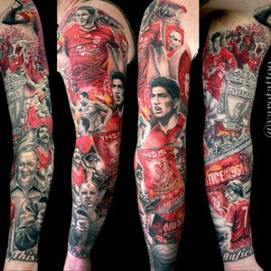 Great #lfc tattoo sleeve #liverpoollfc #yarotattoo #tattoo #realistictattoo #stevengerrard #gerrard #lfc #liverpool #liverpoolfc #ynwa #anfield #suarez