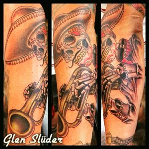 My boy Glen Sluder did this killer Dia de Los Muertos Trumpet player for me in the summer of 2015.