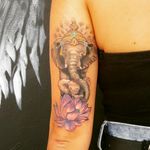 Magical elephant family tattoo. #elephanttattoo #elephantfamily #lotustattoo #colourtattoo #animaltattoo #mandala #dotworktattoos #babyelephant #naturetattoo #armtattoo #girlytattoos