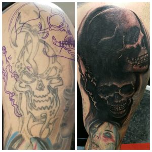 tattoo i made over 16 years ago on the left on my kid brother rece tly covered with these skulls and a face#CoverUpTattoos #oregonsbesttattoos #blackandgrey #tattoosformen