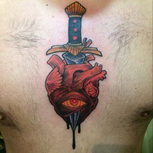 Eye, Heart, and Dagger tattoo by Mando Medrano at Church of Steel in San Diego, CA #heart #eye #dagger #hypnotic #neotraditional