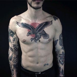 Traditional Eagle in black and gray by @tattoojoris