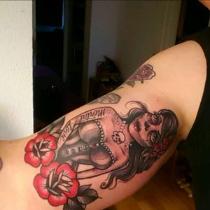 La Catrina with lettering "Mortal Love" and roses. Right upper arm, inside.