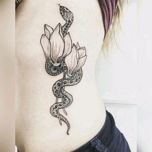 By Manon from #lenoutattoo #blackink #snake #cyclaam #flower #flowers #customtattoo