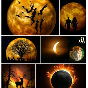 Moon phases also depicting the fire symbolism in Buddhism and an elephant