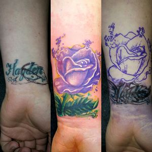 Name covered with beautiful purple rose #adventuretattoos #adventuretattoo #keighley #tattoo #inkedadventure #SeanMilnes #purple #purpleroses #rosetattoo #rose #coveruptattoo #watercolor
