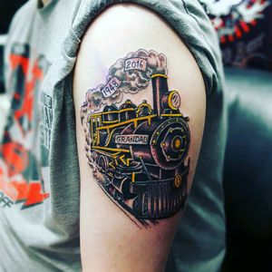 Remembrance tattoo for Grandfather #inlovingmemory #steam #steamtrain #train #TrainTattoo #oldskooltattoo #oldschooltattoo #inkedadventure #www.adventuretattoos.com #SeanMilnes