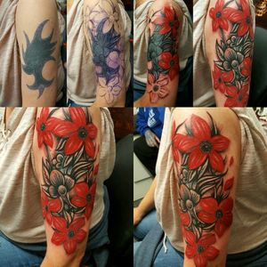 Cover up tattoo with red flowers freehand #adventuretattoos #adventuretattoo #keighley #tattoo #inkedadventure #SeanMilnes #www.adventuretattoos.com #femaninetattoo #beautiful #coverup #coveruptattoo #flowertattoo #flowertattoos #femaletattoo #flowers