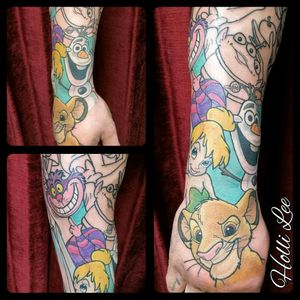 The start of my Disney sleeve!!!! ❤❤❤😍😍😍 #disney #simba #tinkerbell #olaf #cheshirecat #Ariel #alien #toystory #flounder #lionking #littlemermaid #frozen #peterpan